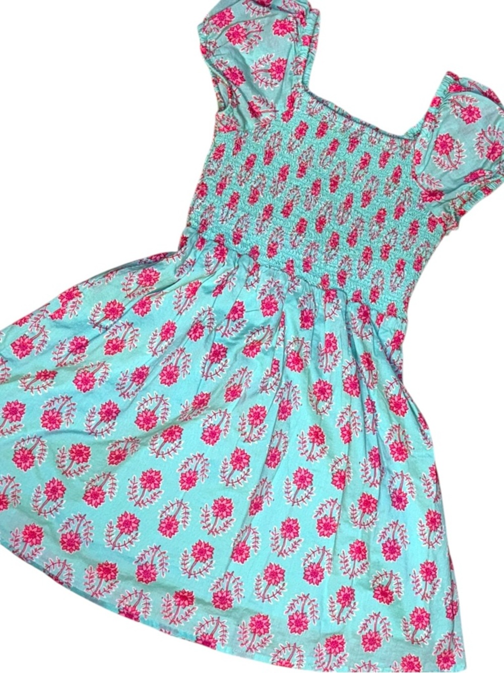 Crewcuts Girls Size 8 Aqua Pink Floral Smocked Dress Puff Sleeve Cotton